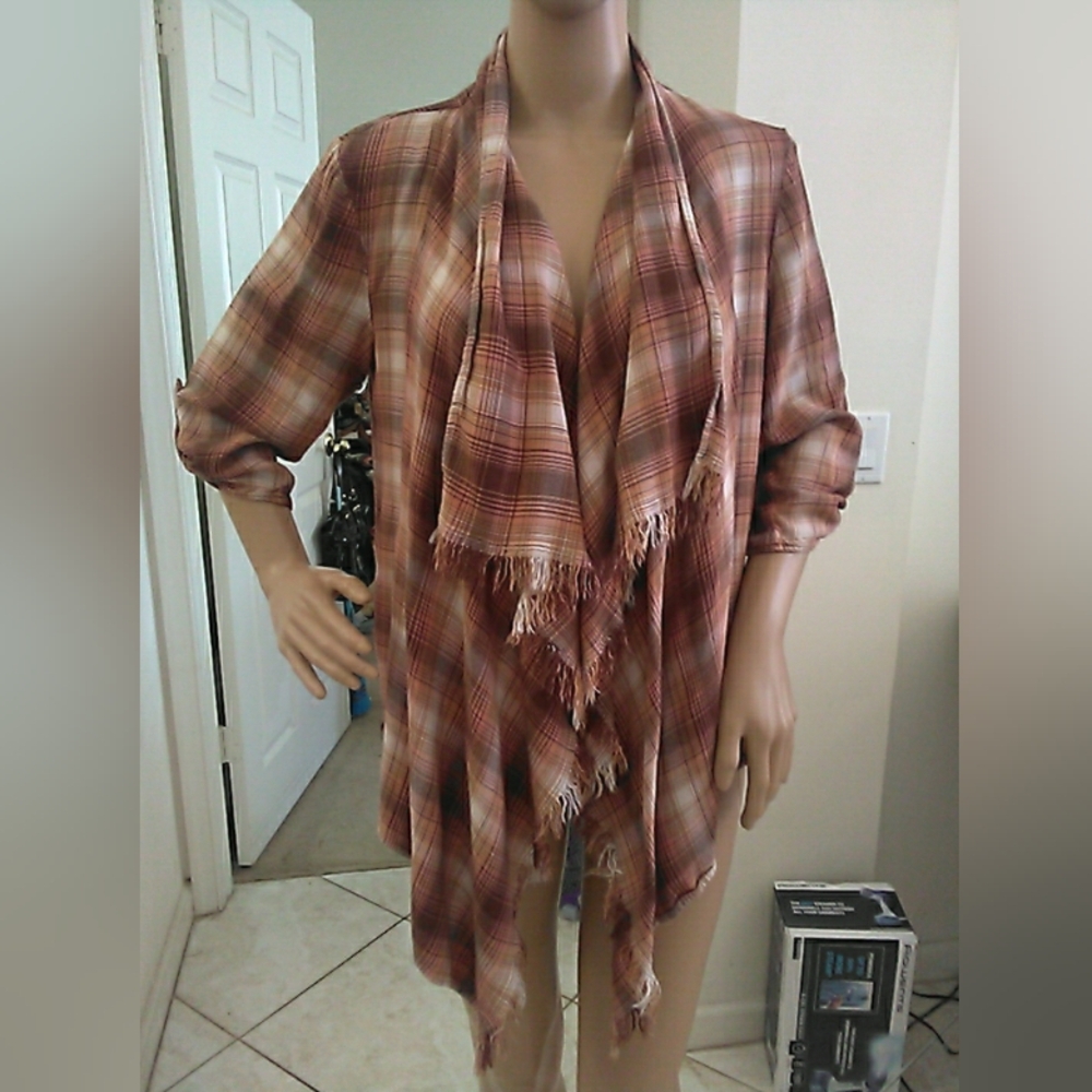 MAURICES Chic Plaid Fringe OPEN CARDIGAN SZ. SM RAYON  FUN ADORABLE